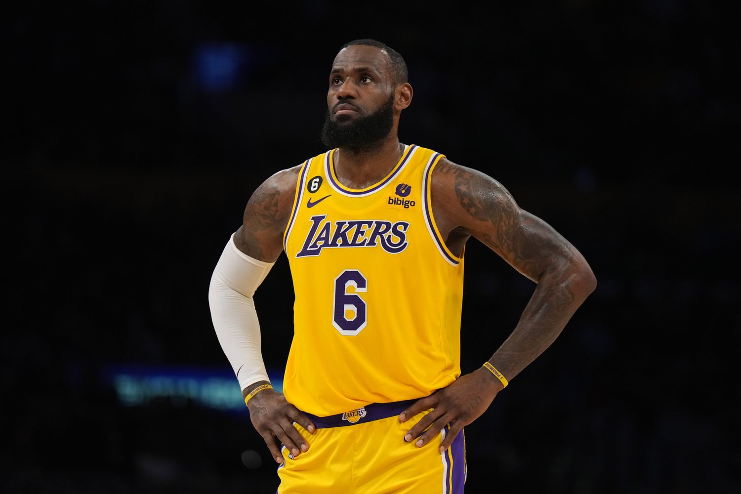 Los Angeles Lakers forward LeBron James looks on during a game.